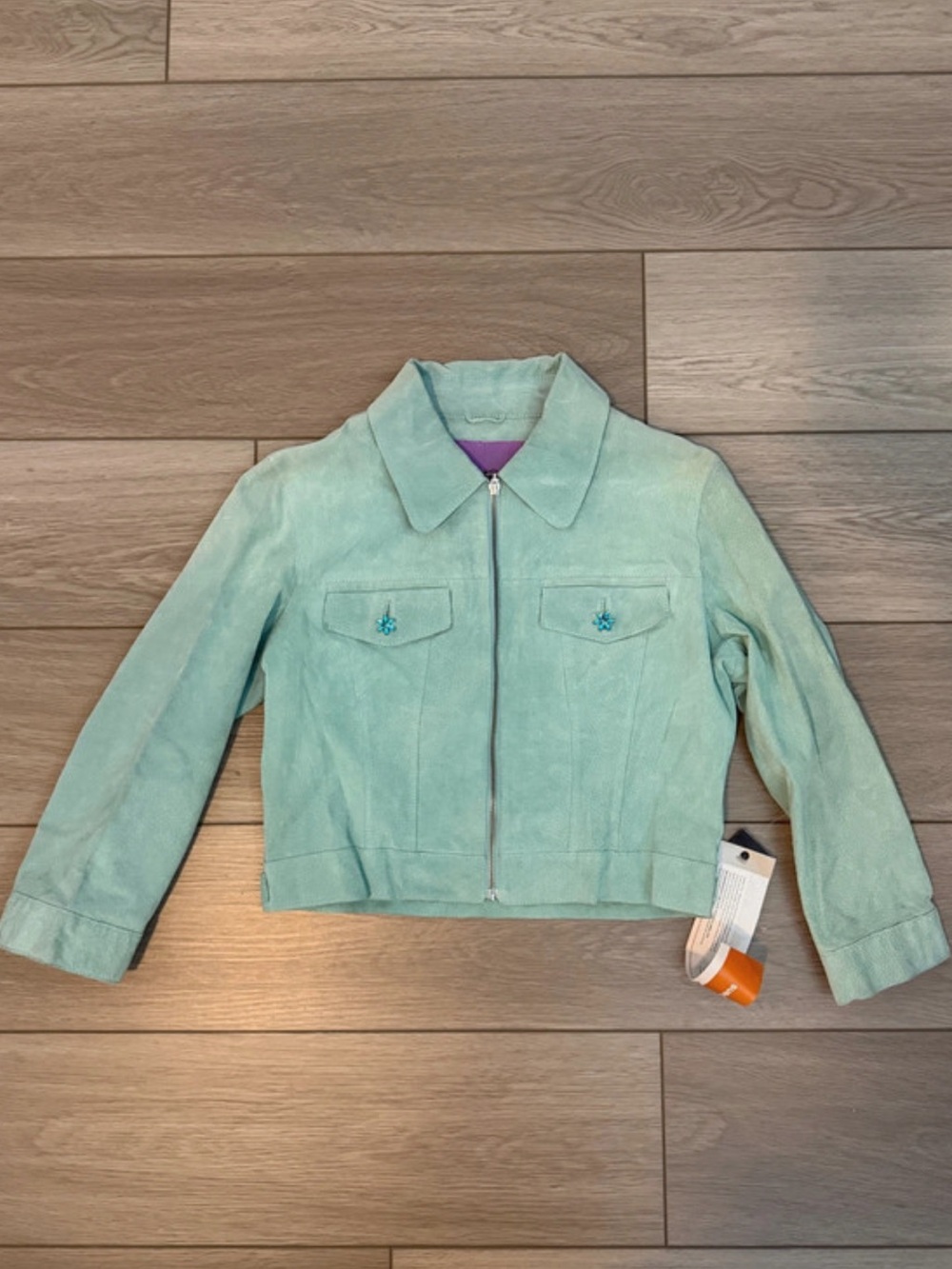 NWT Vintage Wilson baby blue cropped embellished SuedeJacket Large